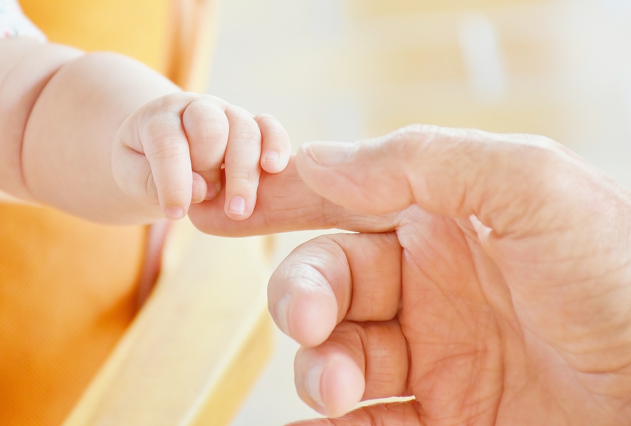 A baby's hand holding an adult finger.